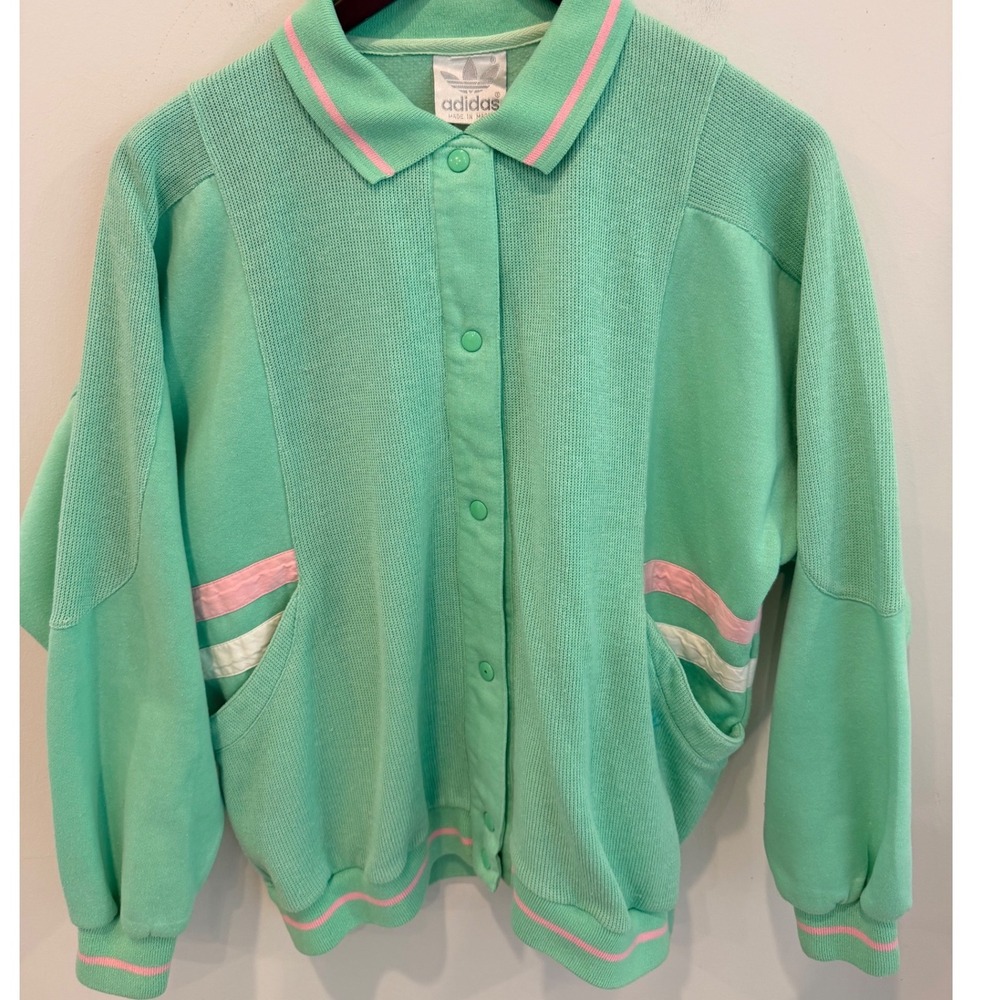 Vintage Adidas Trefoil Snap Front Jacket Mint Green Pink Pastel Mens Medium L86Y